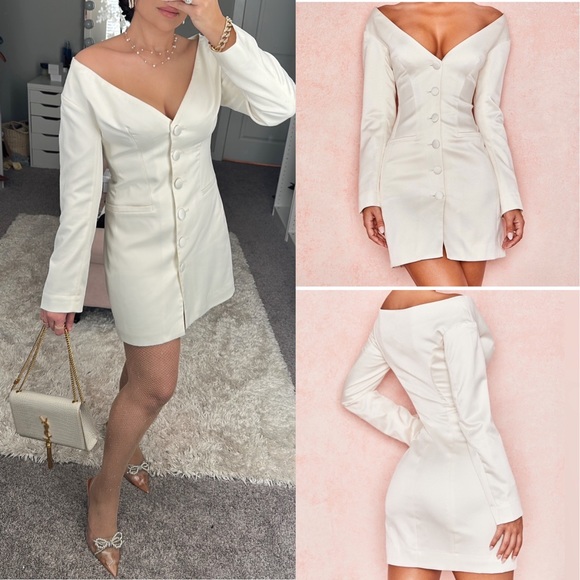 House of CB Dresses & Skirts - House of CB off shoulder ivory mini button front long sleeve satin blazer dress